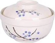 WHJY Japanese Creative Hand-Painted Ceramic Tableware with Lid for Soup and Noodles, with Heat Preservation Function, Integrated Bowl and Lid - Blue Plum