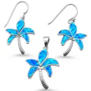 Blue Opal Palm Tree Earring & Pendant .925 Sterling Silver Set
