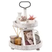 Farmhouse Two Tiered Wooden Tray Stand, 2 Tier Wood Round Decorative Tray wit...