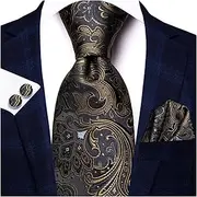 [VSOLS] Men's Blue Black Striped Tie 3.4" Tie Pocket Square Cufflinks Wedding Party Silk Tie Set (Color : SN-3444, Size : 59.06 * 3.35in)