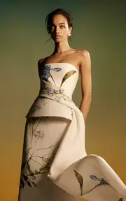 [Monique Lhuillier] Strapless Draped Peplum Silk Gown