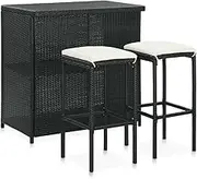 vidaXL Bar Set - 3 Piece Pub Set, Poly Rattan Material with Steel Frame, Bar Table and Stools - Black with Cream White Cushions