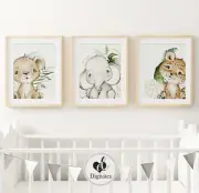 Nursery Wall Art Prints, Safari Animals, Elephant, Leopard, Lion, set of 3