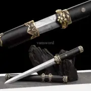 12''Chinese JIAN 唐剑 Folded Steel Sword Mini Knife Brass Tsuba for Display Black.