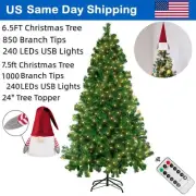 6FT / 7FT Green Christmas Tree Decor With USB LED String Lights Remote Timer US