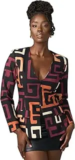 [D'IYANU] | FAFA Women's African Print Stretch Blazer – Zip-Up Jacket in Neutral Kuba Geometric Pattern – Regular & Plus Sizes