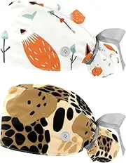 [YTYVAGT] 2-Pc,Nurse Scrub Caps,Scrub Hats with Buttons and Cotton Sweatband,Vector Pattern with Foxes and Arrows