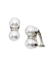 Kenneth Jay Lane Pave Divider Imitation Pearl Clip On Stud Earrings in Rhodium Plated