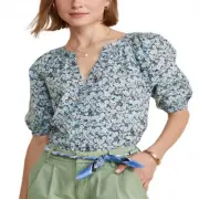 Vineyard Vines Puff Sleeve Button Front Top Blue