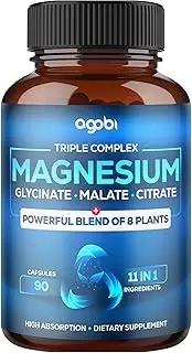 11in1 Magnesium Glycinate Chelate Complex 8600mg with Magnesium Malate Powder, Pure Magnesium Citrate, Black Bean & Others - Support Restful Mood, Calm & Muscle Cramp - 90 Capsules