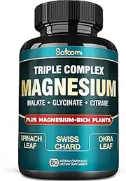 Triple Magnesium Complex Supplement - With Magnesium Glycinate, Magnesium Malate, Magnesium Citrate, Spinach Leaf & More - 60 Vegan Capsules