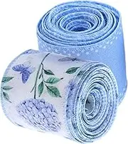Mobestech 2pcs Elegant Hydrangea Fabric Ribbon with Wired Edge Flower Wrap Ribbon for Spring Summer Party Crafting Bows Seasonal Wreaths Festival Decorations Blue