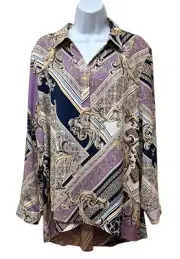 Chico's 3 Printed Criss Cross Hem Tunic Blouse Purple Gold Mixed Print 16/18 NEW