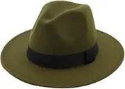 [ZHUER] Faux Felt Fedora Hat for Men Women Summer Wide Brim Panama Hat with Belt Buckle Retro Unisex Dress Fedora Hats Fashion, Army Green, One Size, Army Green, One Size