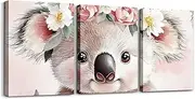 [jejeloiu] Cute Koala 3 Piece Canvas Wall Art for Living Room Bedroom Cute Flower Wall Art for Home Decor Kawaii Animal Office Wall Decor Cartoon Koala Wall Painting