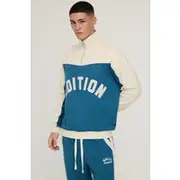 Mens Blue Regular Fit Applique Quarter Zip Loopback Colour Block Funnel Neck