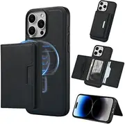 iPhone 16 Wallet Case, Magnetic Card Holder with RFID Blocking, 2-in-1 Detachable Kickstand Case for Pro Plus Max, MagSafe Compatible (Black, iPhone 16 Pro Max)