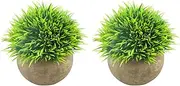 Svenee Mini Artificial Plants, Plastic Fake Green Grass Faux Greenery Topiary Shrubs with Grey Pots for Bathroom Home Office Décor, House Decorations (Green-A, 2)