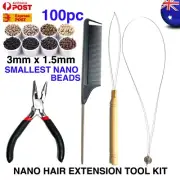 Hair Extension ToolKit with SMALL NANO Bead Rings 100pc Silicone Lined 3mmx1.5mm