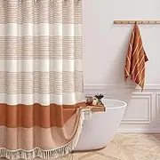 Awellife Farmhouse Shower Curtains for Bathroom,Boho Shower Curtain with Tassels,Orange Flax Striped Shower Curtain,Beige Linen with Hooks,Rustic Neutral 72x72 Inches