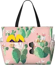[Ghjkfbf] Tropical Cactus Print Large Capacity Beach Travel Bag For Family, Beach Tote Bag For Women With Zipper Pockets, Black, One Size