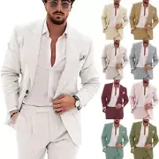 Men Linen 2Pcs Suit Beach Groom Bestman Wedding Tuxedo Blazer+Pants 42r 44r 46r