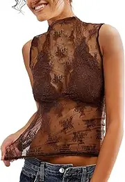 [Generic] Undershirts Women Top Lace Mesh Base Layer Sexy Trendy T Shirt 3 Pk Compression Shirt