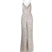 ALICE AND OLIVIA Riska Embellished Cowl Neck Chain Crepe Jumpsuit In Grey