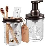 Mason Jar Bathroom Accessories Set - includes Mason Jar Foaming Hand Soap Dispenser and Toothbrush Holder - Rustic Farmhouse Decor Apothecary Jars Bathroom Countertop and Vanity Organizer (Bronze)