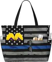 [Ghjkfbf] American Thin Blue Line Flag Print Large Capacity Beach Travel Bag For Family, Beach Tote Bag For Women With Zipper Pockets, Black, One Size