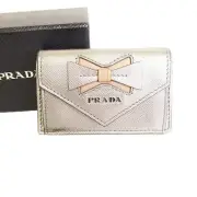 Prada Ribbon Saffiano Metallic Silver and Beige Leather Trifold Wallet New