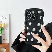 ZTOFERA Case for iPhone 14 Pro Max, Cute Curly Waves Frame Shape Daisy Pattern Silicone Mobile Phone Case, Flexible Shockproof Protective Case for iPhone 14 Pro Max 6.7 Inch - Black