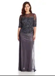 ADRIANNA PAPELL Sequin Beaded Illusion 3/4 Sleeve Gown Navy MODEST $335 MOB Gala