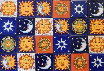 50 Mexican Talavera Ceramic Tiles 4" MOON SUN STAR DESIGNS