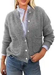 [PRETTYGARDEN] Women's Knit Cardigan Sweaters Casual Long Sleeve Open Front Button Up Ribbed Fall Sweater Jackets, Grey, Large
