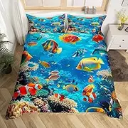 Cute Tropical Fish Duvet Cover Set Twin Size,Ocean World Coral Seaweed Bedding Set,Boys Girls Room Decor,Sealife Marine Creature Comforter Cover,Blue Colorful Quilt Cover,1 Pillowcase(No Comforter)