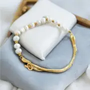 NEW 18K yellow gold plated freshwater pearl bangle bracelet jewelry B27A