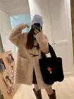 Womens Stand Collar Winter 100% Wool Lamb Fur Loose Fit Mid Long Overcoats Coats