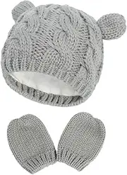 [AKOOSY] 1Set Winter Knitted Hat and Gloves for Soft Comfortable Woolen Beanie with Cute Ear Design for Months Keeps Hands Warm Cold Weather Grey