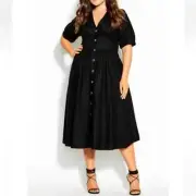City Chic Sunset Stroll Dress Linen Cotton Blend Button Front Puff Sleeves 24