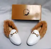 Divanne Women's Fur Mules Fluffy W/Gold Chain Pull-On Flat Shoes White T2347