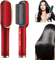 Negative Ion Hair Straightener Styling Comb, 2 in 1 Hair Straightener Brush and Curler, Portable Electric Straightening Comb Heated Hair Brush with 5 Temp (Red)