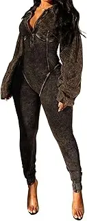 NRTHYE Women's Sexy One Piece Jumpsuit V-Neck Long Sleeve Casual Washed Ribbed Bodycon Corset Romper Club Outfits