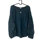 J Jill Dark Teal Peasant Velvet Floral Embroidered Blouse Petite Medium NEW