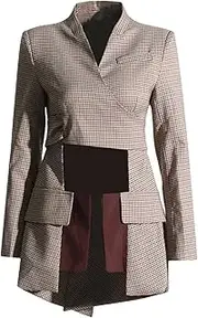 [Zadaos] Women's Suit Jackets Plaid Stand Collar Patch Pockets Layered Long-Sleeve Checkered Blazer