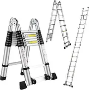 3.8M Telescoping A Frame Ladder with Balance Bar and Movable Wheel,Telescoping Ladder,Household Use Folding Ladder,Multi-Purpose Collapsible Ladder for Outdoor Work