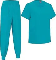 [ThreeH] Women's Scrubs Set Split Crewneck Top and Jogging Pants with Multi Pockets Hospital Nurses Pet Shop Uniforms