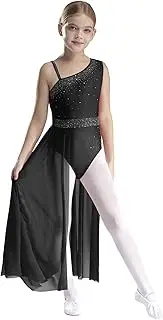 [Kvysinly] Kids Girls Sparkly Sleeveless Lyrical Dance Dress Irregular Ballet Leotard Dress Modern Contemporary Dancewear