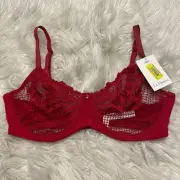 Le Mystere 32DD/E Bra Red Lace Allure Unlined Underwire Back Closure Sheer NEW