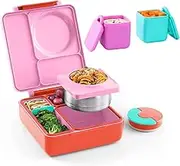 Omie Lunch Box and Dip Containers Bundle Set - OmieBox Insulated Bento with Thermos and 2X OmieDip Leakproof Dip & Sauce Containers (Pink Fluff)